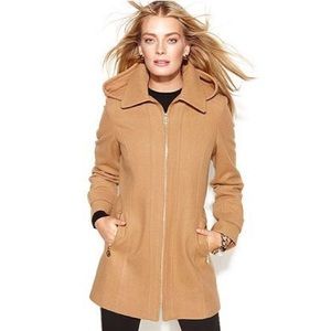 Michael Kors Camel Tan Wool Zip Front Peacoat